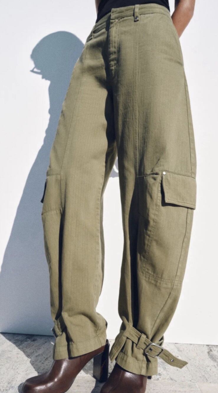 Zara Pants Olive Green Barrel Leg Size 28 Casual Utility Tapered Buckle